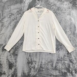Vintage Koret Top Womens M Ivory 3D Floral Beaded Long Sleeve Button Up Office